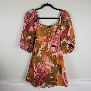 Kourt Robbie Multi Pink Palm Tucan Bird Cotton Smocked Mini Eyelet Dress SZ XS